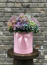 Цветочная композиция из Гипсофила и Розы в шляпной коробке в Обидимо