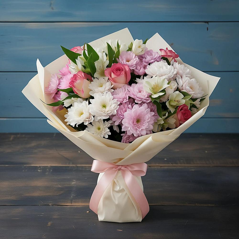 Букет цветов из: Хризантемы, Альстромерии и Розы в Обидимо